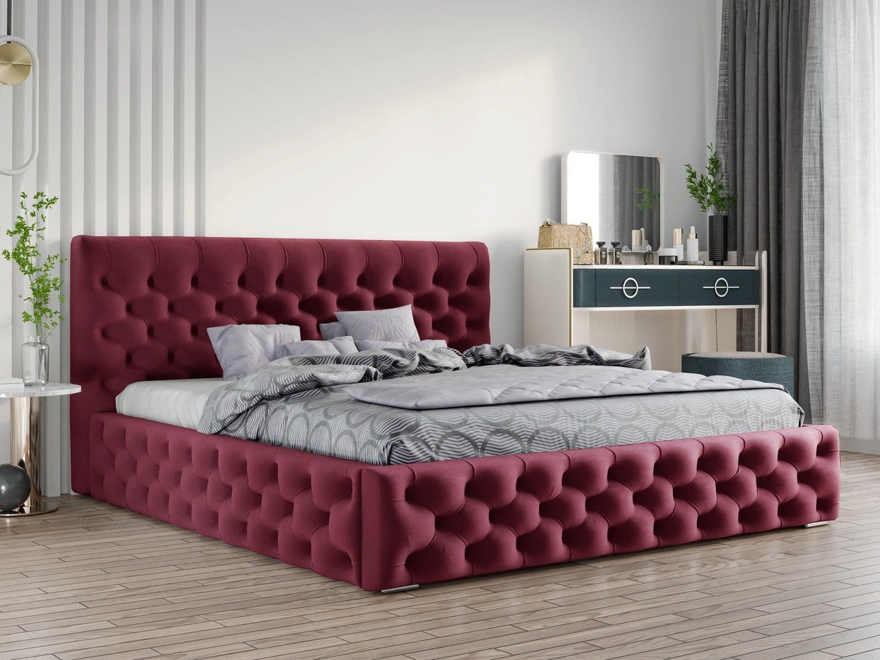 Glamour Chesterfield Bett Velutto 180x200 - Rot