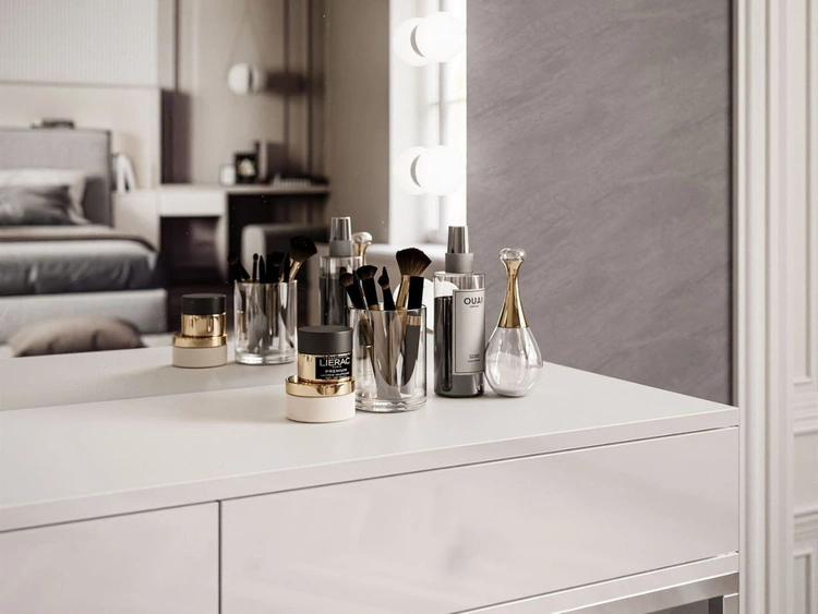 Schminktisch Glamour mit Schubladen, Spiegel und LED-Beleuchtung Brisa Weiß Hochglanz