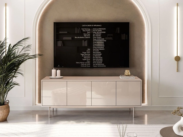 TV-Lowboard im Glamour-Stil mit Türen auf kaschmirfarbenen Füßen Vivance, Kaschmir Hochglanz