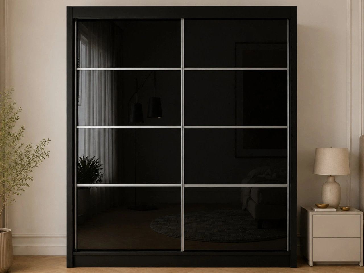 Schiebetürenschrank mit Sprossen 200 cm mit LED-Beleuchtung Ponti Schwarz