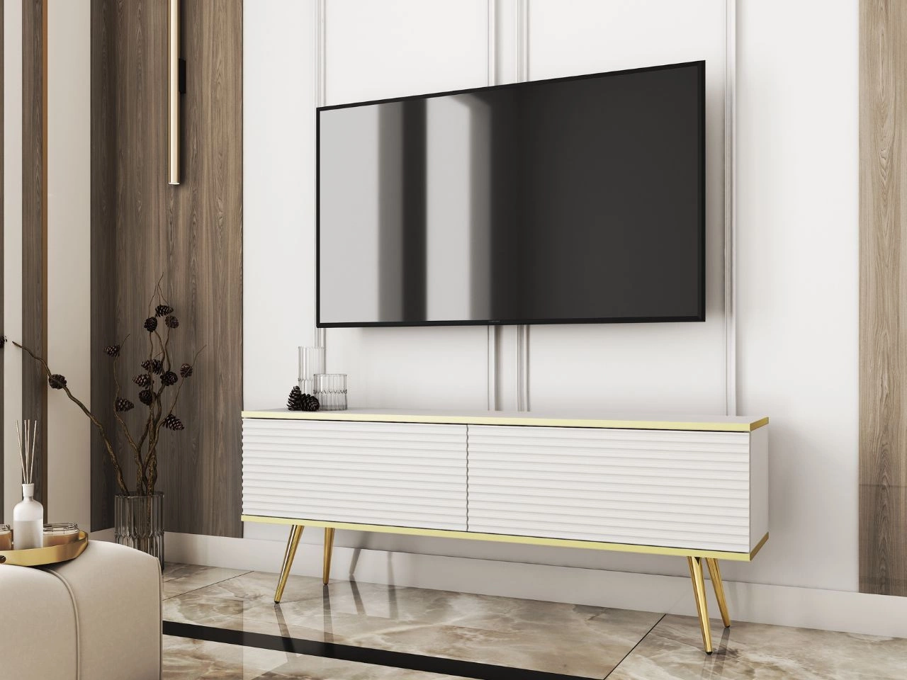 TV-Lowboard mit Türen 135 cm Diolo Weiß mit geriffelter auf goldenen Beinen