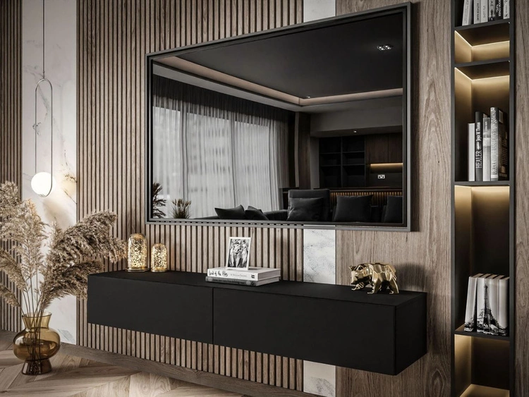 Hängendes TV-Lowboard mit zwei Türen 175 cm mit LED-Beleuchtung Sorelle Schwarz Matt