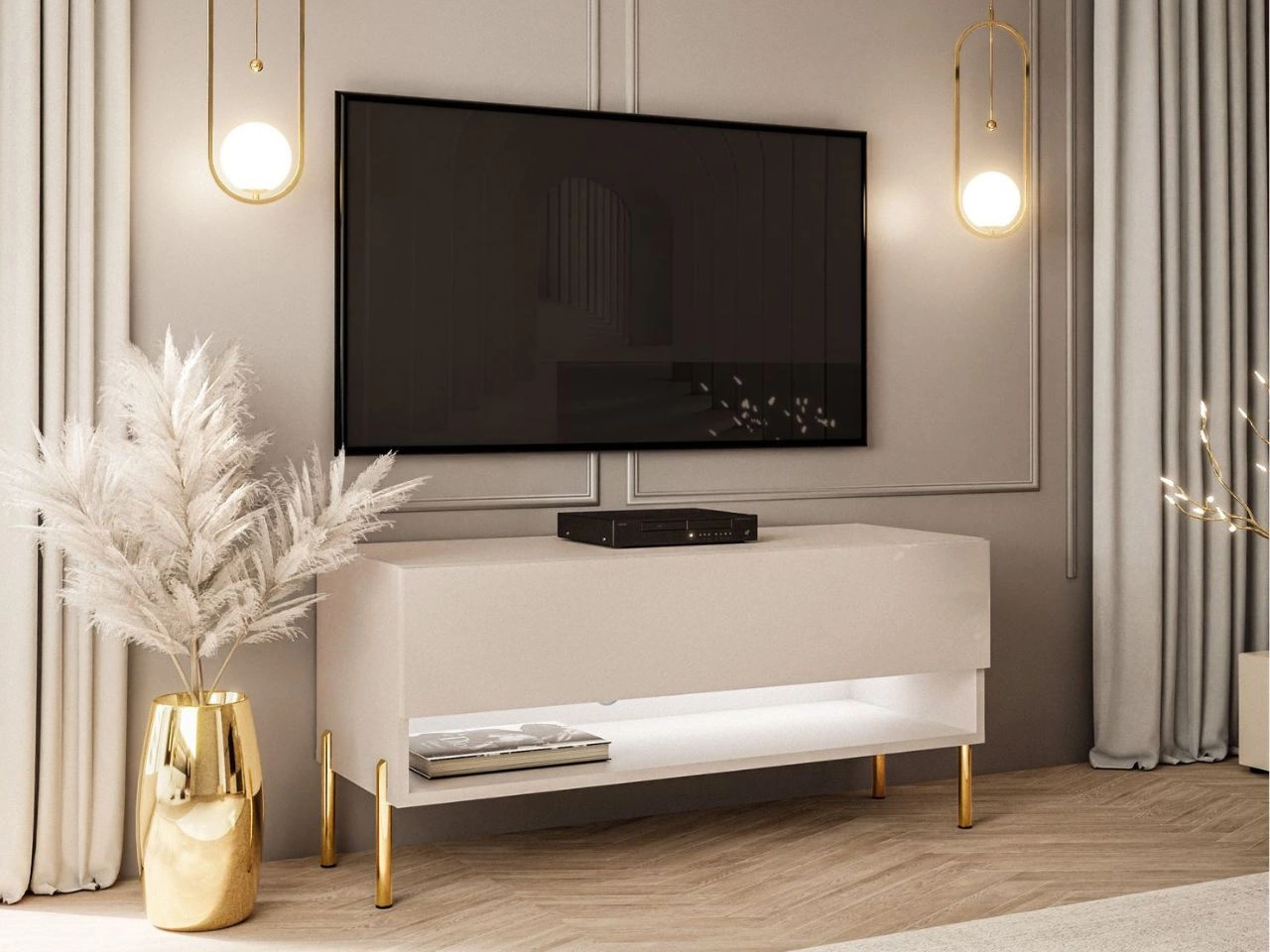 TV-Schrank 90 cm mit LED-Beleuchtung und goldenen Metallbeinen Aurelie Kaschmir matt