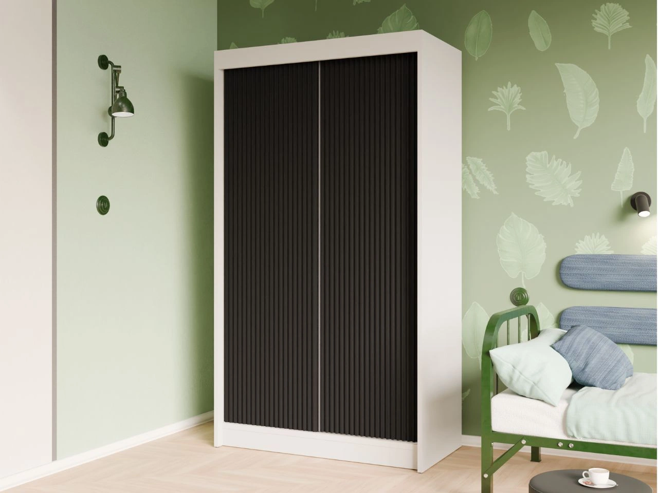 Schiebetürenschrank mit geriffelter Front 120 cm Fano Weiß, Schwarz