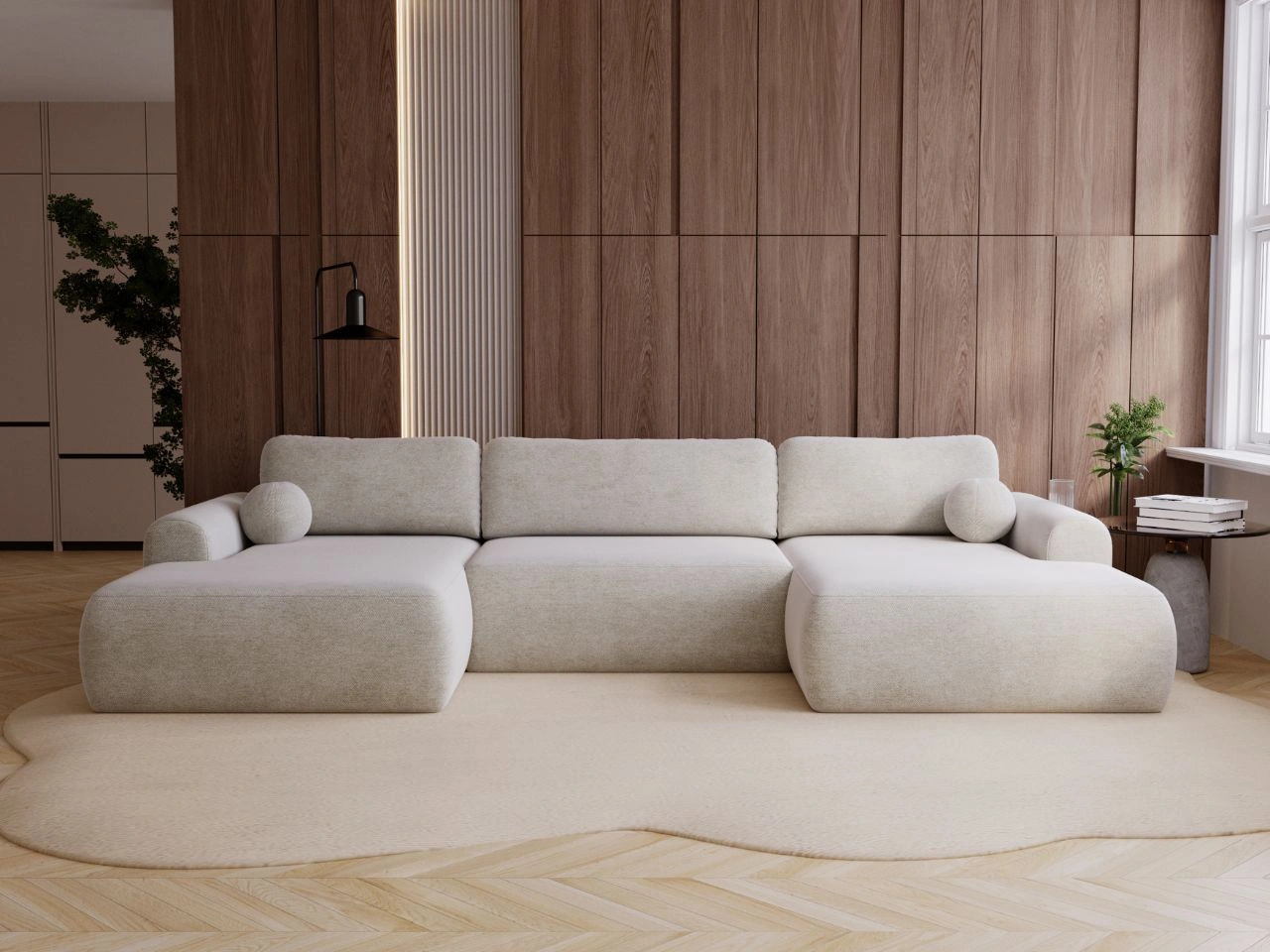Wohnlandschaft mit Schlaffunktion und Bettkasten Savana Hellbeige