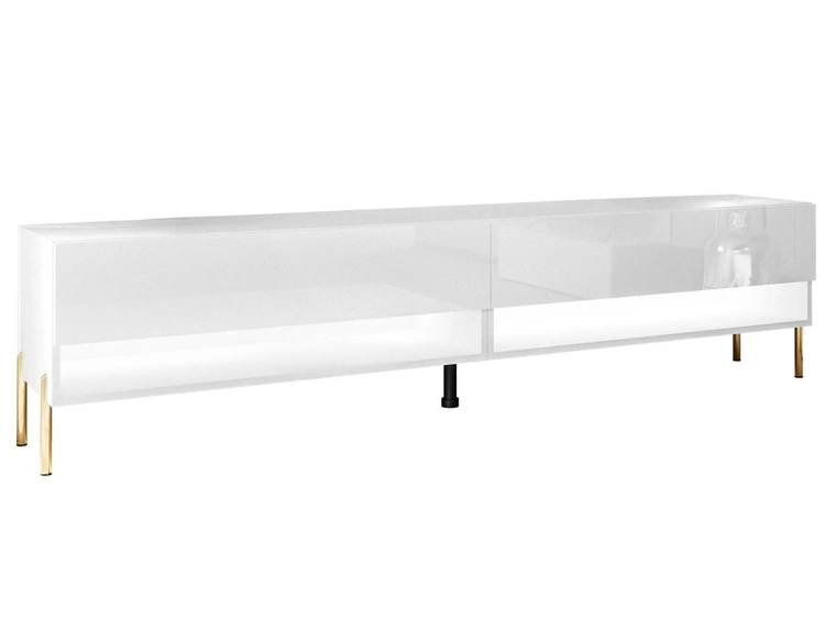 TV-Schrank für das Wohnzimmer 180 cm mit goldenen Metallbeinen und LED-Beleuchtung Aurelie Weiß Hochglanz