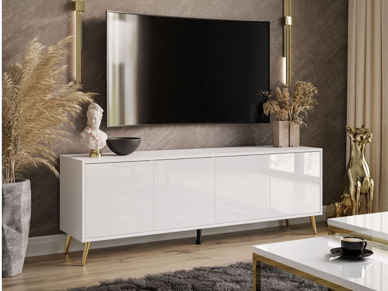 TV-Lowboard mit Türen goldene Beine Vivance Weiß Hochglanz