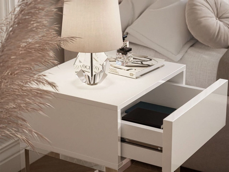 Nachttisch mit Schublade und silbernen Gestell Brisa Weiß Hochglanz