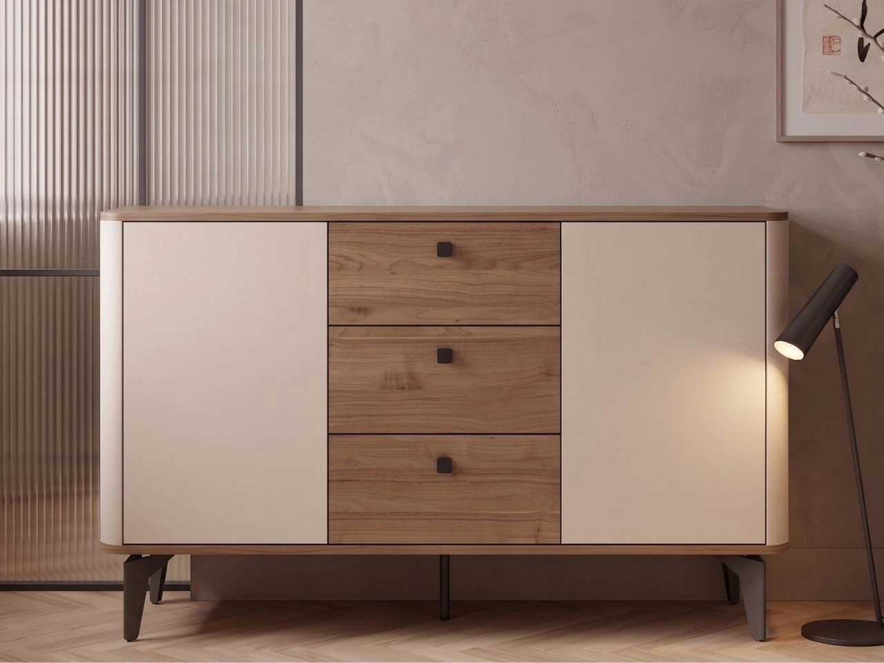 Kommode mit Türen und Schubladen, 140 cm, Arelis Kaschmir, Royal Nussbaum