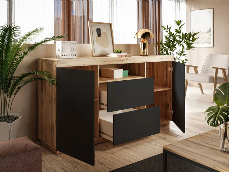 Wohnzimmer-Set – TV-Schrank und Kommode Asumi Schwarz und Eiche Wotan