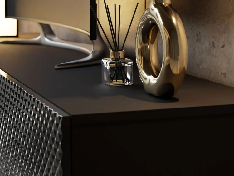 Hängender TV-Schrank mit 3D-gefrästen Fronten Celiane Schwarz Glanz