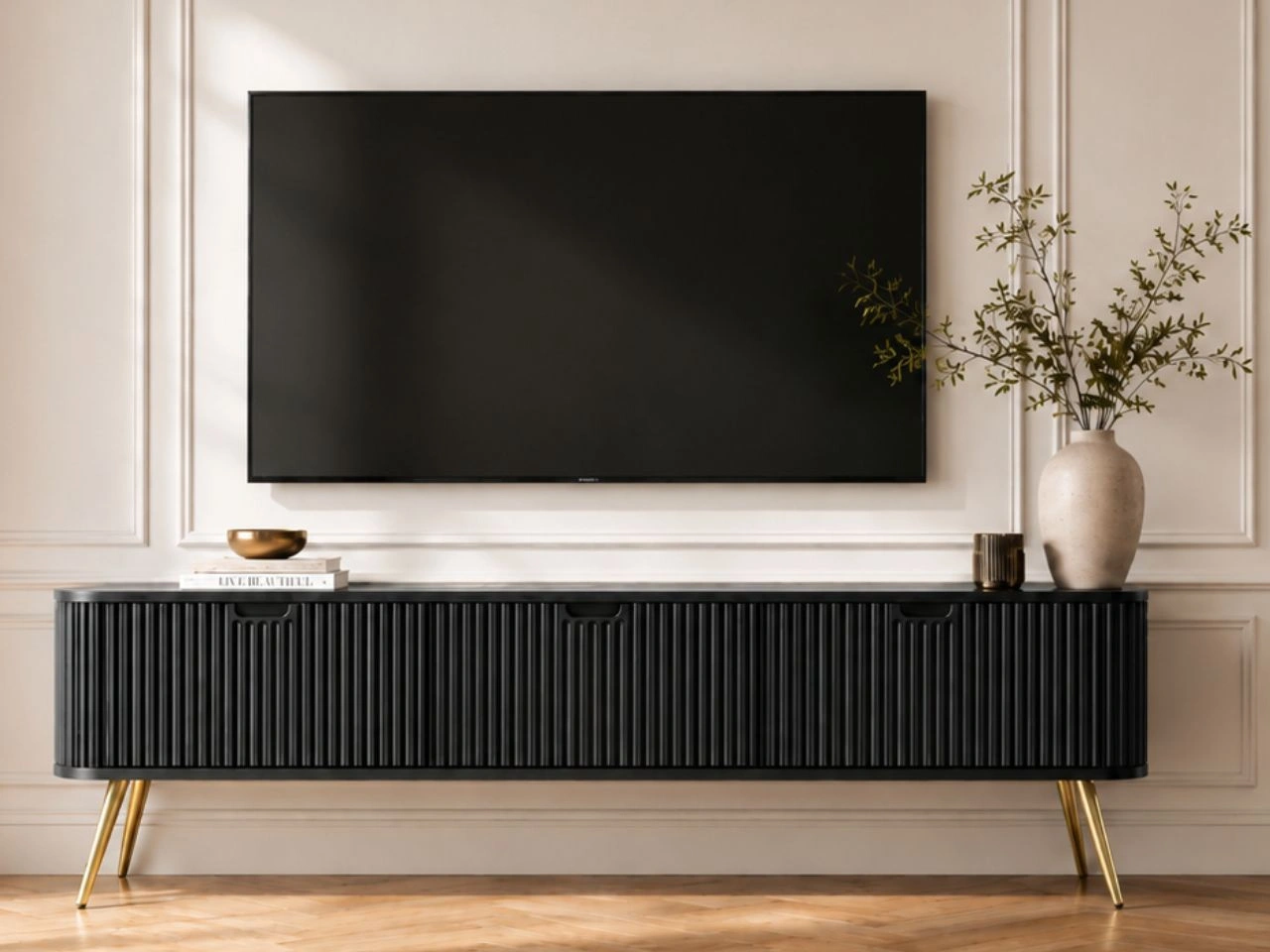 TV-Lowboard mit Türen Viva Schwarz auf Goldenen Beinen