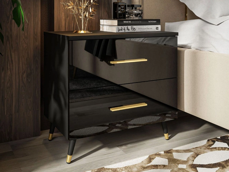 Nachttisch mit Schubladen auf Schwarz-Goldenen Metallbeinen Nuveo Schwarz Hochglanz 