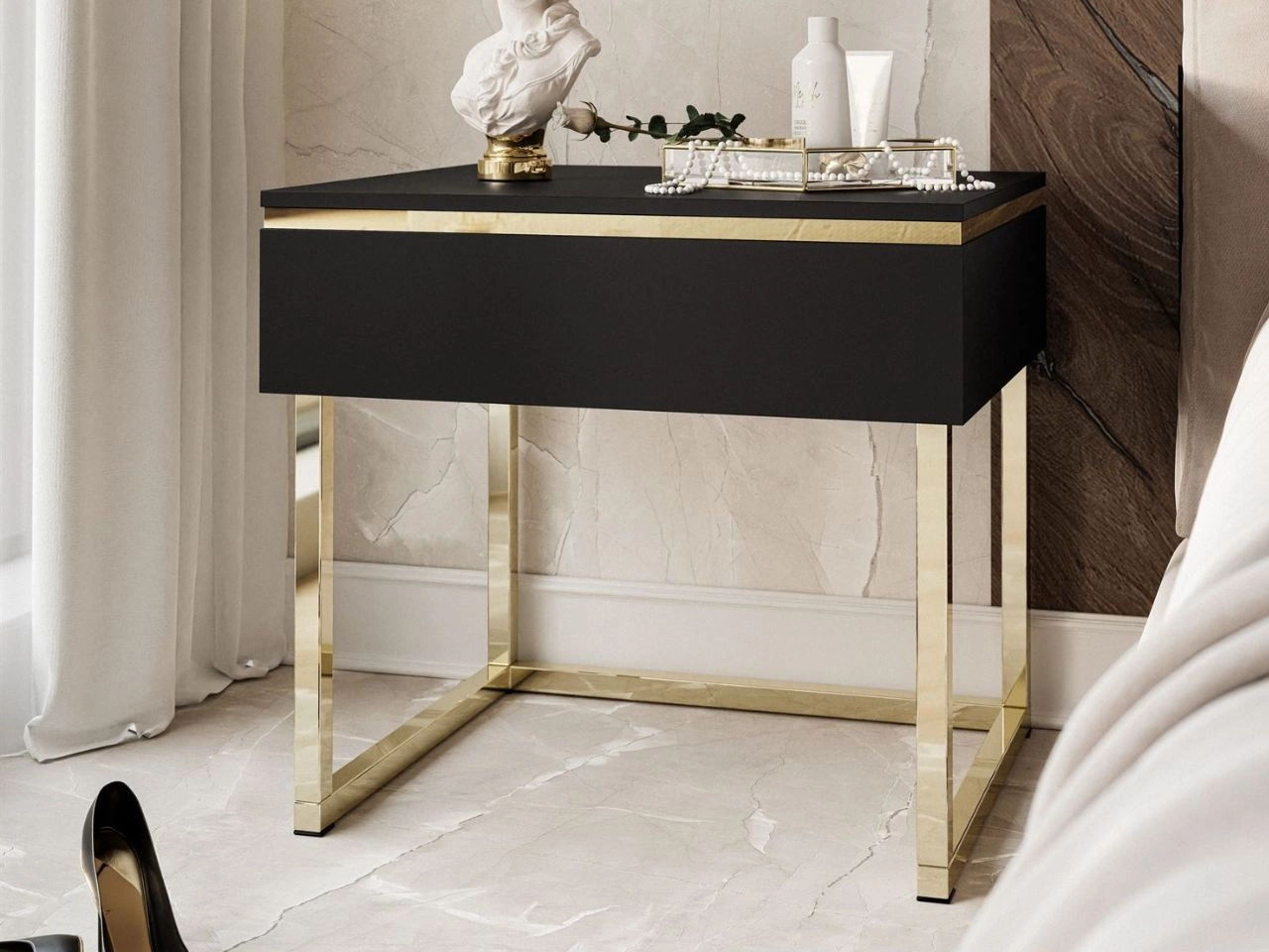Nachttisch Glamour mit Schublade auf goldenen Gestell Evare Schwarz matt