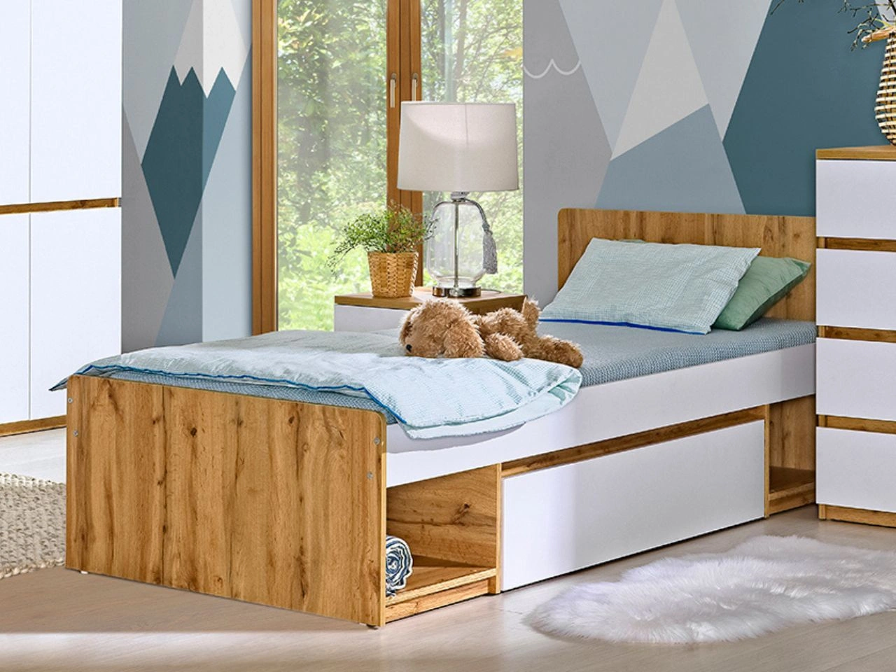 Einzelbett Arcadia Eiche Wotan, Weiß