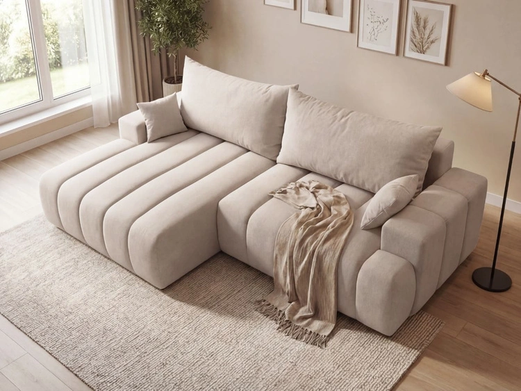 Ecksofa L-Form Links mit Schlaffunktion und Bettkasten Caleo Beige