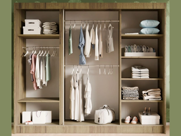 Schiebetürenschrank mit geriffelter Front und Spiegel 250 cm Fano Handwerk Goldene Eiche, Schwarz