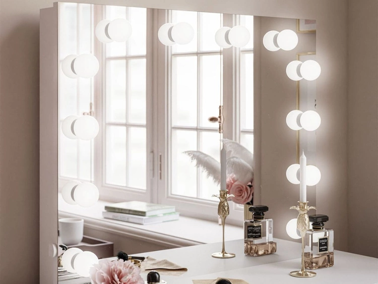 Schminktisch Glamour mit Schubladen, Spiegel und LED-Beleuchtung Brisa Weiß Hochglanz