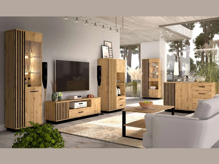 Standvitrine mit LED-Beleuchtung Lavero Wotan Eiche, Schwarz matt