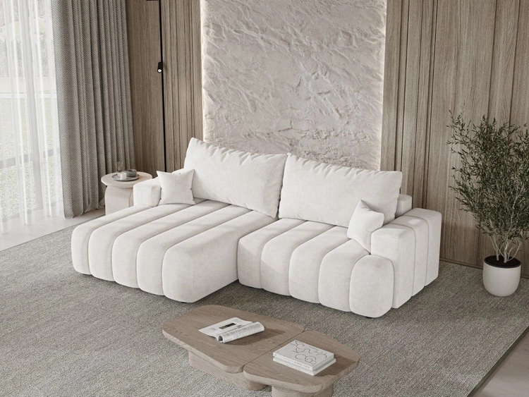 Ecksofa L-Form Links mit Schlaffunktion und Bettkasten Caleo Creme