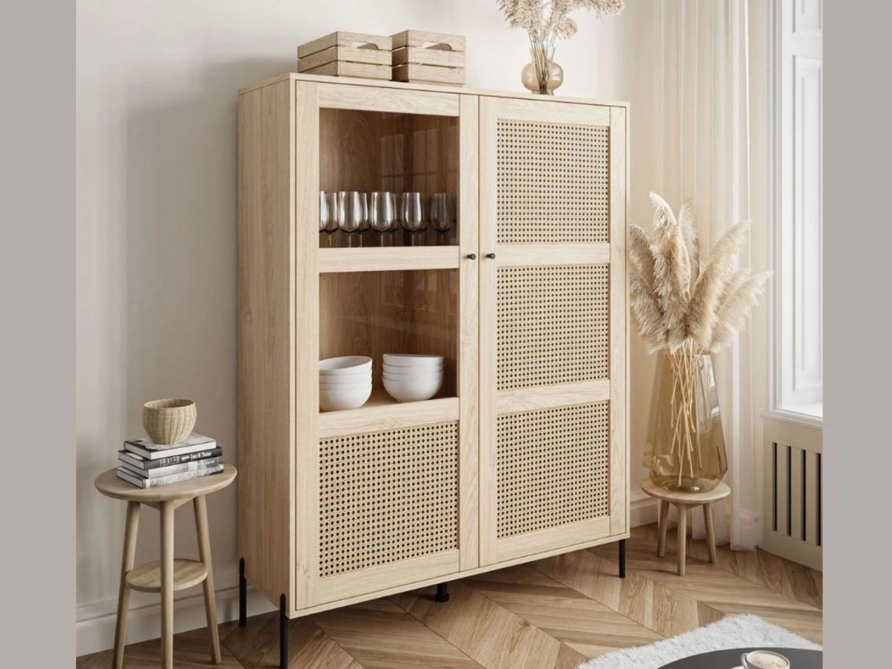Standvitrine im Boho-Stil Zweitürige Bellance Eiche Puccini