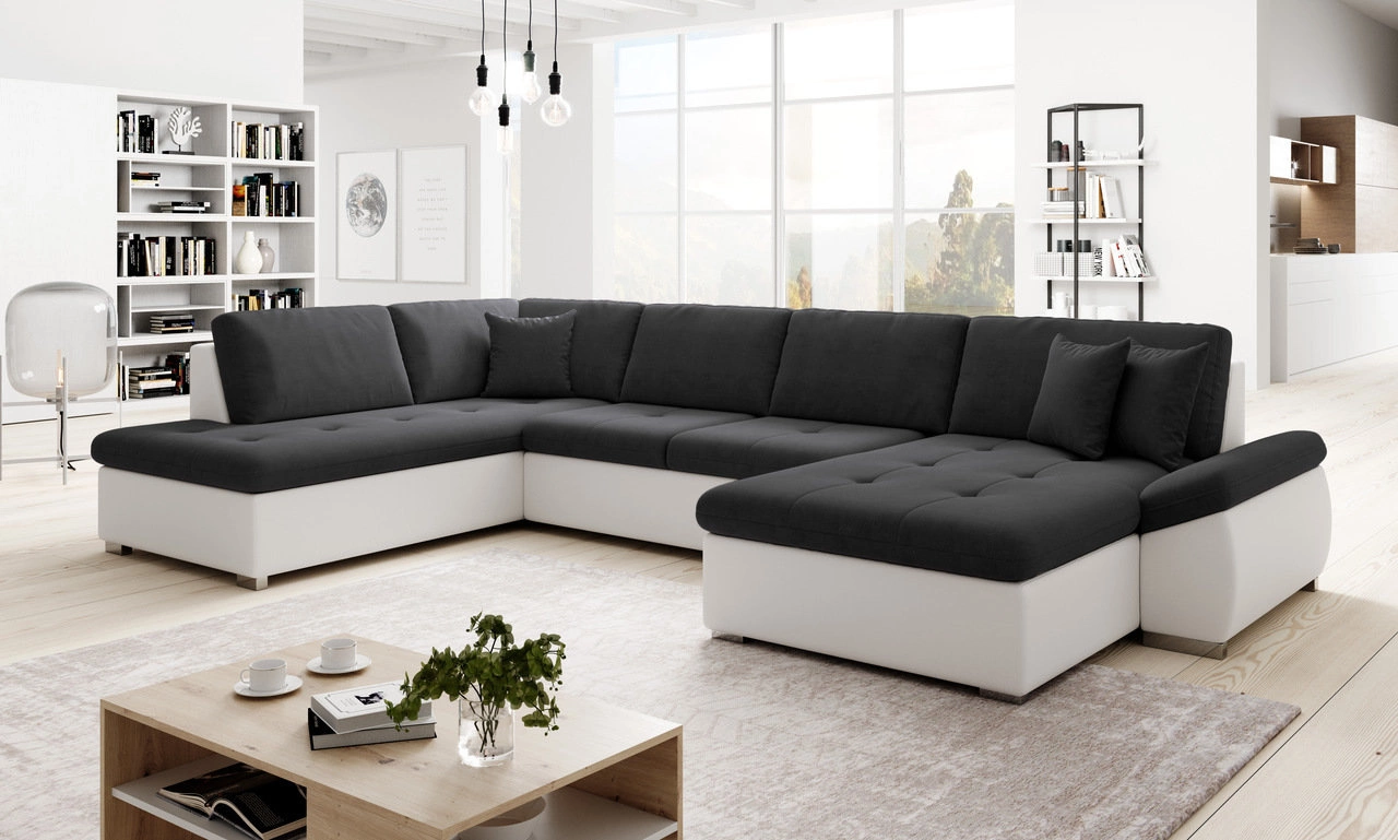 Ecksofa U-Form links Moni - Schwarz + Weiss