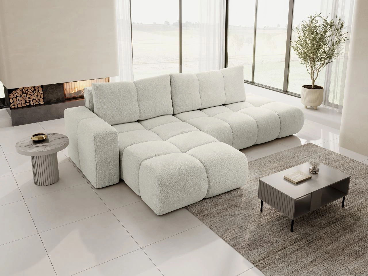 Ecksofa L-Form Links mit Schlaffunktion und Bettkasten Sile L Beige