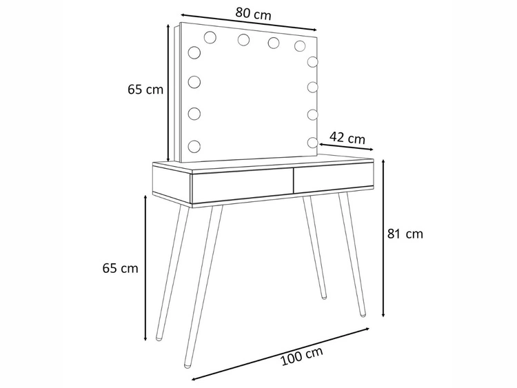 Schminktisch im Glamour-Stil mit schwarzen Beinen, Kristallgriffen und LED-Beleuchtung Olivine Elite Weiß Hochglanz