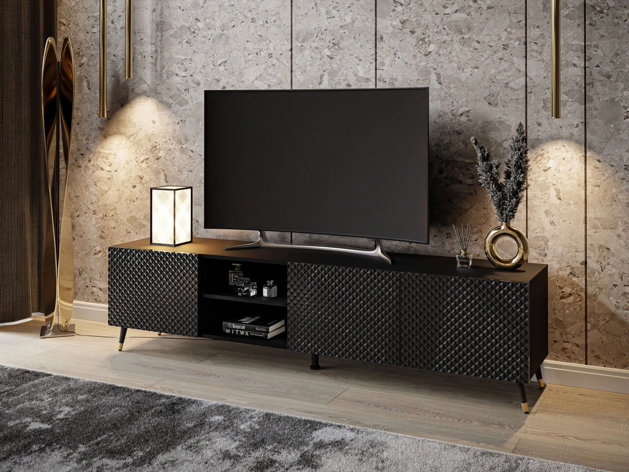 TV-Schrank mit 3D-gefrästen Fronten und schwarz-goldenen Metallbeinen Celiane Schwarz Glanz