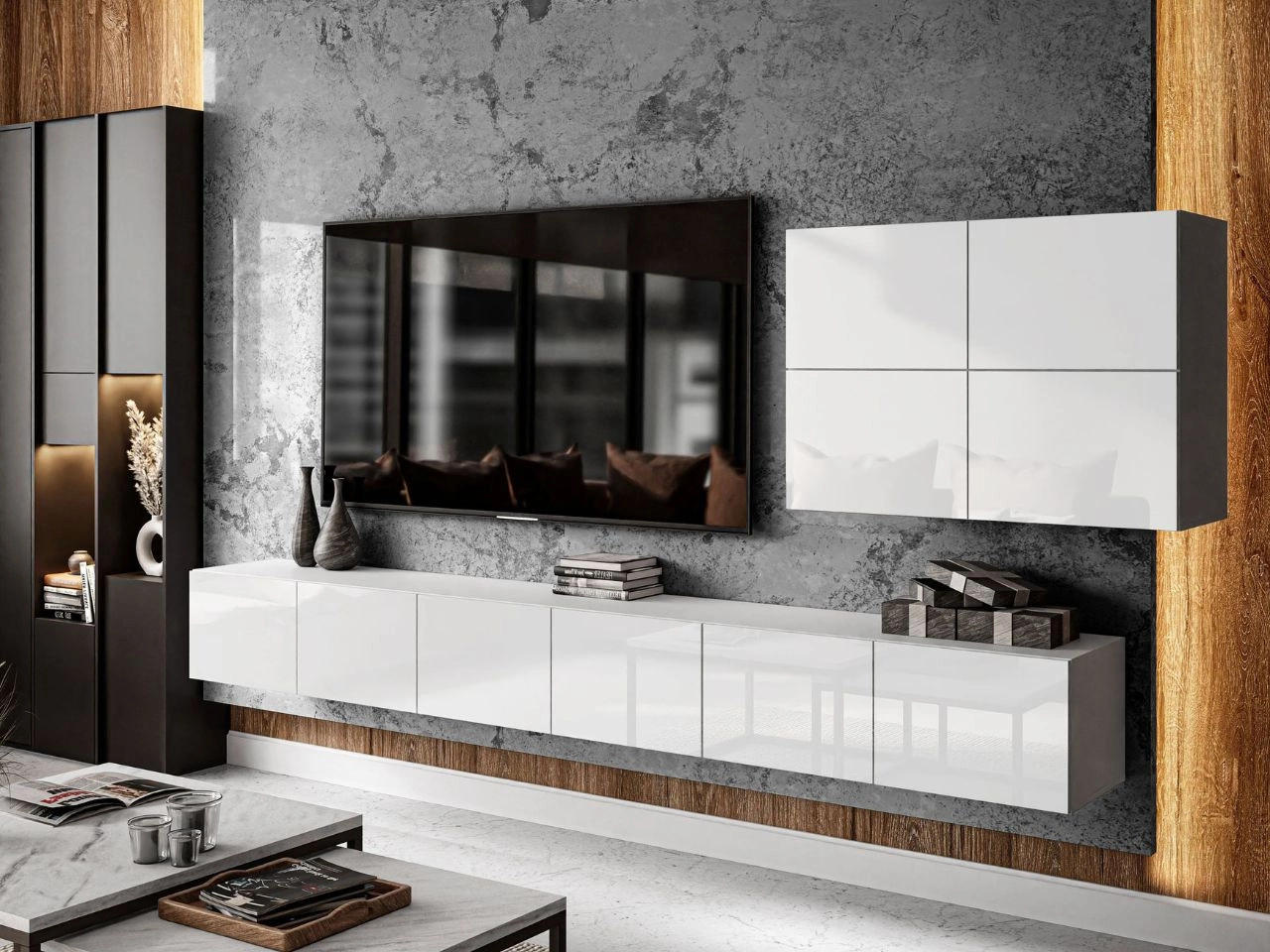 Hängende Wohnwand für das Wohnzimmer mit LED-Beleuchtung Nodoo Weiß Hochglanz
