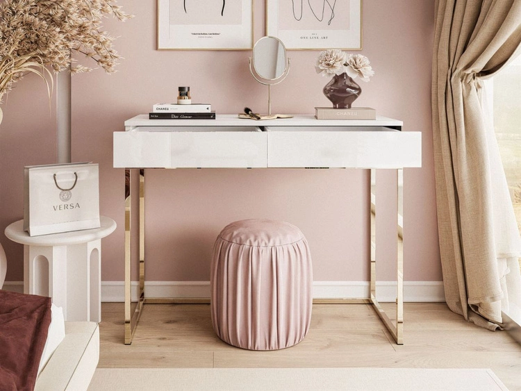 Konsolentisch mit Schubladen und goldenem Gestell im Glamour-Stil Brisa Weiß Hochglanz