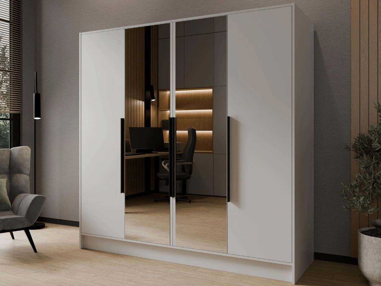 Kleiderschrank mit Spiegel 200 cm Lucca Weiß mit schwarzen Griffen