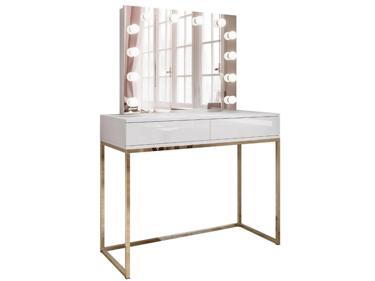 Schminktisch mit Schubladen, Spiegel und LED-Beleuchtung Brisa Weiß Hochglanz