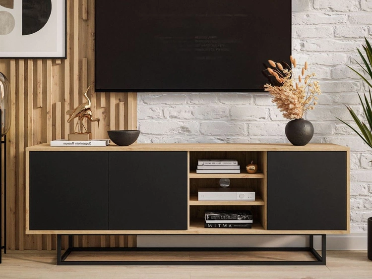 TV-Lowboard mit Türen auf schwarzem Gestell Vivance Schwarz und Artisan Eiche