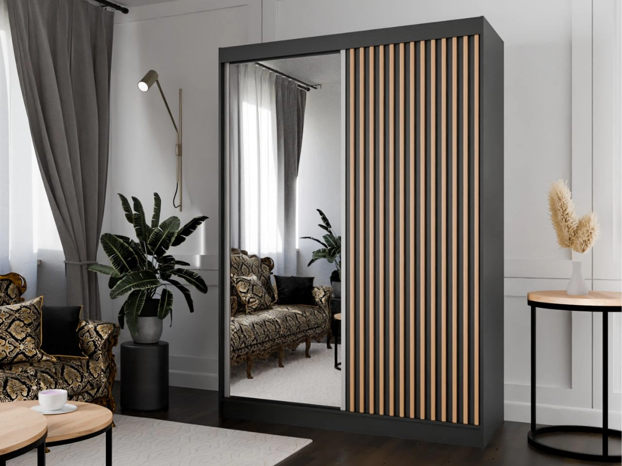 Schiebetürenschrank mit Spiegel und Lamellen 150 cm Loreto Schwarz