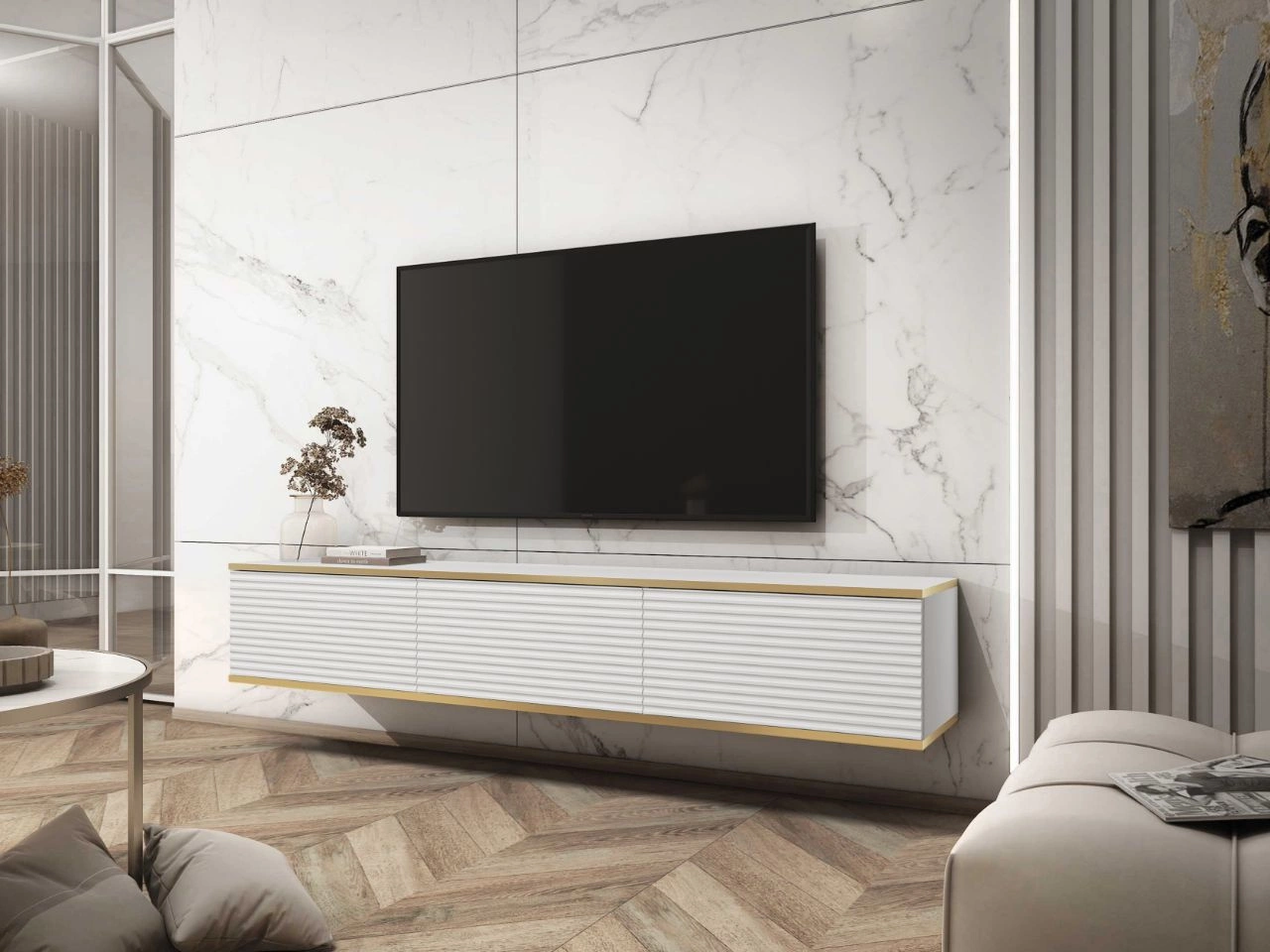 TV-Lowboard Hänge mit Türen 175 cm Diolo Weiß mit geriffelter Vorderseit