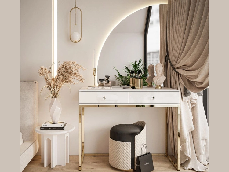 Kosmetiktisch linksseitig mit Schubladen und LED-Beleuchtung auf goldenen Beinen Clarette Weiß Hochglanz