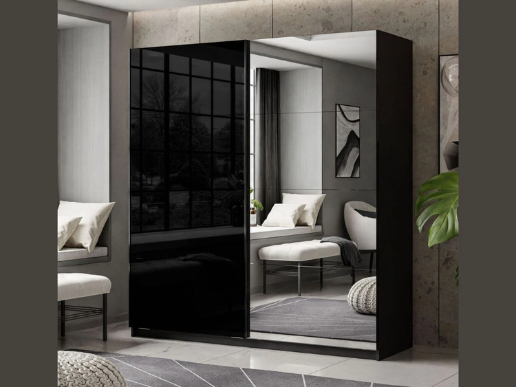 Schwebetürenschrank Zweitüriger mit Spiegel 194 cm Nuveo Schwarz Hochglanz