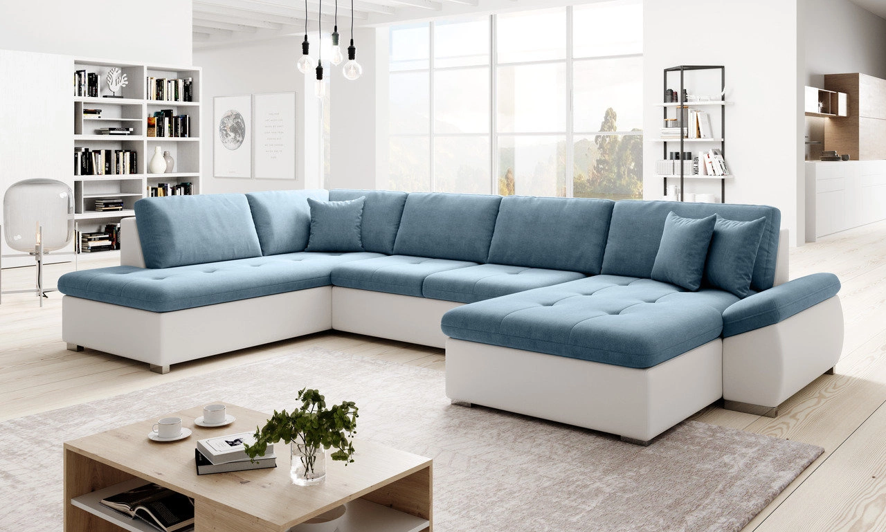 Ecksofa U-Form links Moni - Blau + Weiss