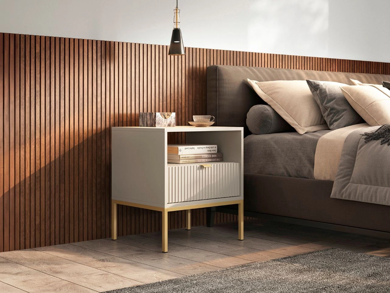 Nachtschrank mit Schublade Amber Kaschmir auf goldenen Beinen