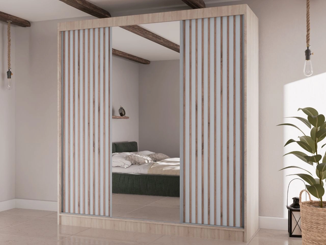 Schiebetürenschrank mit Lamellen und Spiegel 200 cm Lucena Eiche Sonoma, Weiß