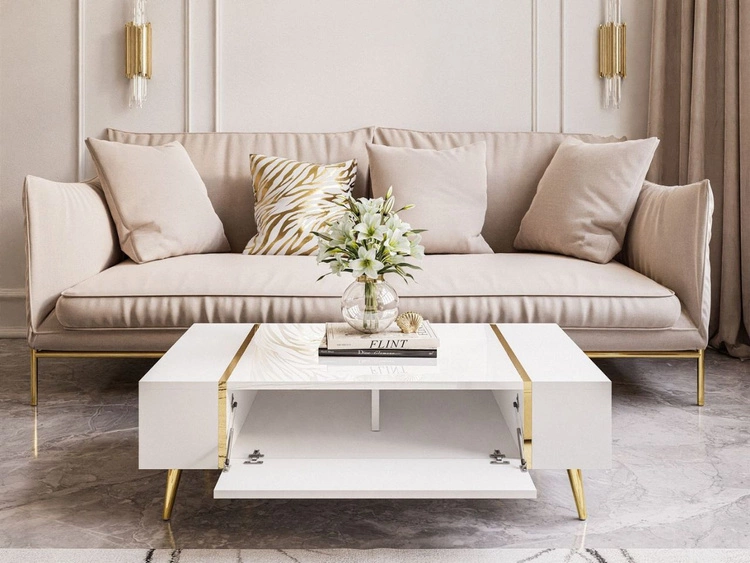 Couchtisch auf goldenen Beinen im Glamour-Stil Lunelie Weiß Hochglanz