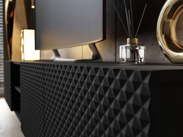 TV-Schrank mit goldenen Metallbeinen und gefrästen Fronten 3D Celiane Schwarz matt