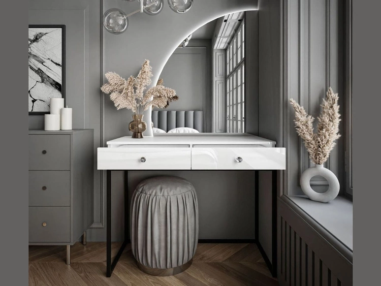 Kosmetiktisch linksseitig mit Schubladen und LED-Beleuchtung auf schwarzen Beinen Clarette Weiß Hochglanz