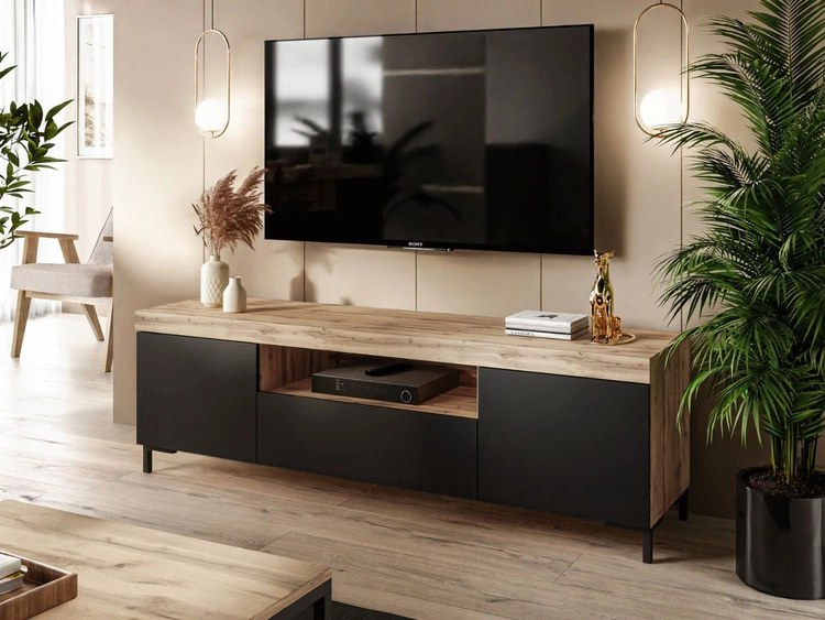 Wohnzimmer-Set – TV-Schrank und Kommode auf schwarzen Füßen Asumi Schwarz und Eiche Wotan