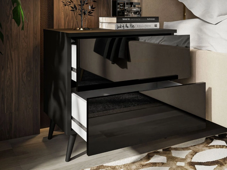 Nachttisch mit Schubladen auf Schwarzen Metallbeinen Nuveo Schwarz Hochglanz