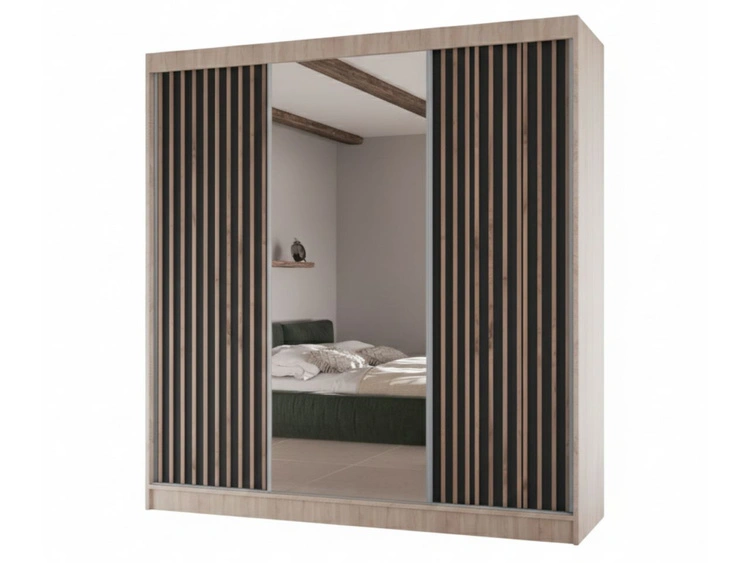 Schiebetürenschrank mit Lamellen und Spiegel 200 cm Lucena Eiche Sonoma, Schwarz