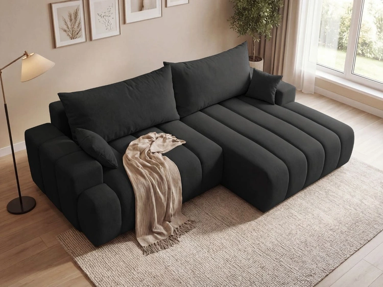 Ecksofa L-Form Rechts mit Schlaffunktion und Bettkasten Caleo Schwarz