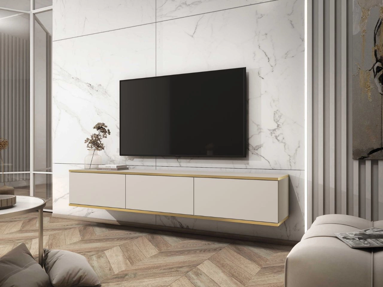 TV-Lowboard Hänge mit Türen 175 cm Diolo Beige mit glatter Front