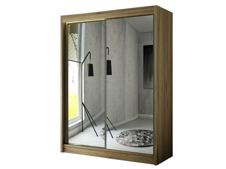 Schiebetürenschrank 150 cm mit Spiegel und LED-Beleuchtung Luzio Handwerk Goldene Eiche